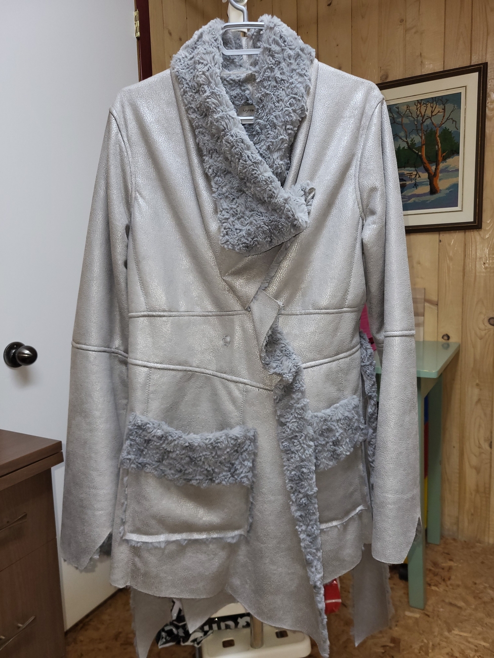 Light Gray Faux Shearling Teddy Jacket with Plush Trim